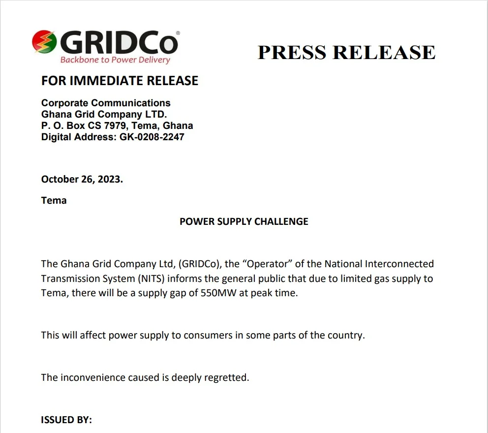 Dumsor: GRIDCo Announces Power Cuts