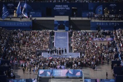 Olympics medalists celebrate in front of fans at new Champions Park in Paris