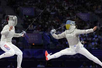 Ukraine wins its first gold medal of the Paris Olympics in women’s team saber fencing