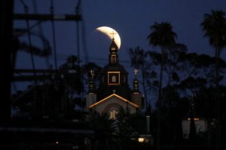 The moon is seen during a lunar eclipse in Los Angeles