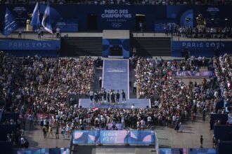 Olympics medalists celebrate in front of fans at new Champions Park in Paris